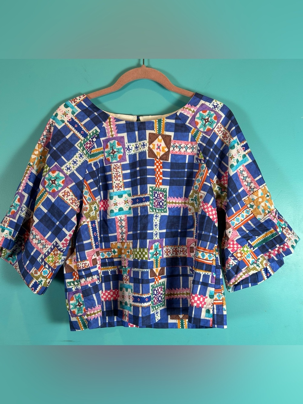 Gorman Blue Multi-colored Cotton Stained Glass pattern Cropped blouse